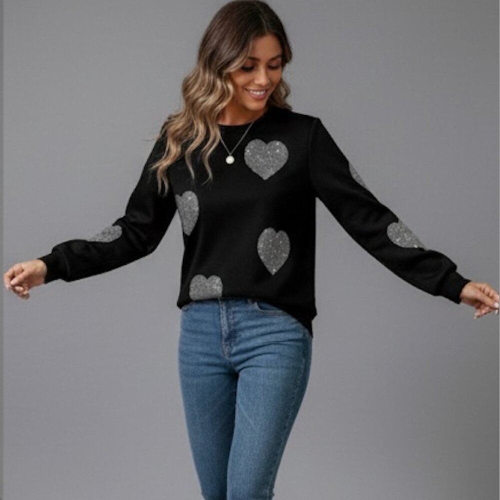 Rhinestone Heart Pattern Crew Neck Sweatshirt Black - Picture 4 of 9